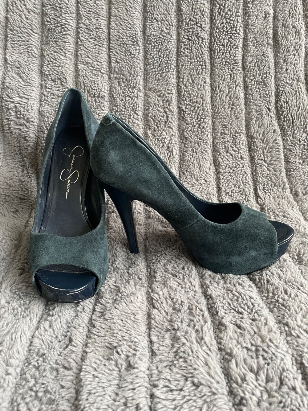 Jessica Simpson Dark Teal Suede Peep-Toe Heels
